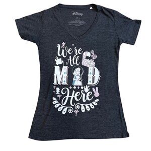 Disney V-Neck Tee JUNIORS Size Large "We're All Mad Here" Alice‎ in Wonderland